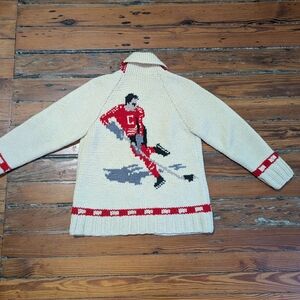 Vintage Handknit Handmade Hockey Cowichan Cardigan Chunky Sweater XS Olympics